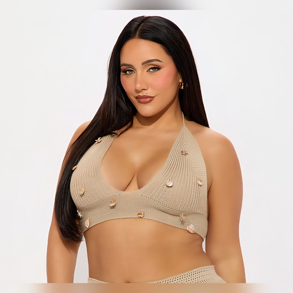 Fashion Nova Tops - Shell Accents Cropped Top- Neutral Beige